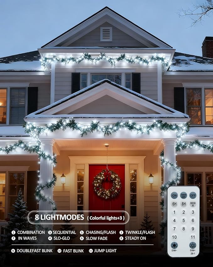 Outdoor String Lights, 328FT 1000 LED Fairy Lights, IP65 Waterproof Outside with Remote, 8 Lighting Modes Dimmable Timer Hanging LED Lamp for Camping Garden Patio Christmas Decor Yard Fence Tree