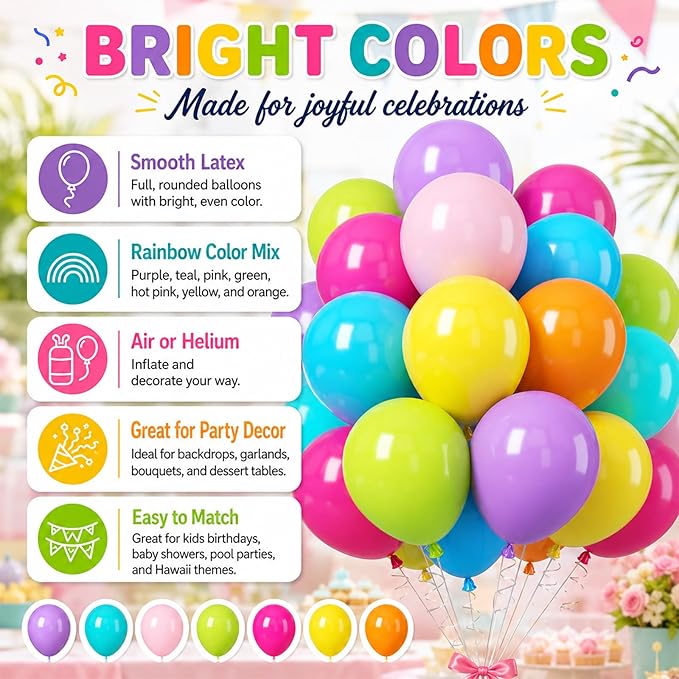 Colorful Balloons, 60Pcs Rainbow Balloon, 12 Inch Latex Multicolor Balloons Bright Color Yellow Orange Hot Pink Teal Blue Green for Kids Birthday Baby Shower Summer Pool Hawaii Theme Party Decoration