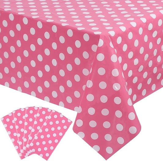 Kesfey 5 Packs Pink Polka Dot Tablecloth 54 x 108 Inch Minnie Mouse Table Cloths Pink and White Balloon Dots Minnie Theme Table Cover Disposable Plastic Rectangle Picnic Tablecovers for Birthday Party