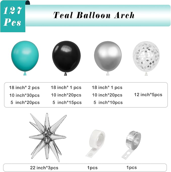 Teal Balloons Arch Garland Kit-Black Balloon Metallic Silver Balloon 127Pcs for Baby Shower,Gender Reveal,Kids Birthday,Wedding,Graduation,New Years Party Decorations.