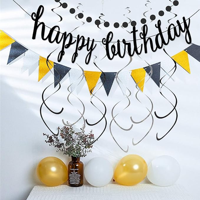 Black Happy Birthday Banner Decoration Kit, Glittery Banner Circle Dots Garland with Black Silver Hanging Swirls for Birthday Baby Shower Party Decorations Supplies, Pre-Strung