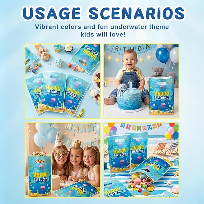 Zeroom Sponge Birthday Party Favor Bags with Handles, 30 Pcs Ocean Theme Birthday Decorations Goodie Goody Bags, Candy Treat Gift Loot Bags for Kids Party Supplies