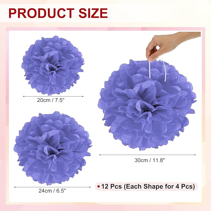 PATIKIL 8" 10" 12" Tissue Paper Pom Poms, 12PCS Pom Poms Paper Flowers Ball Tissue Paper Flowers Assorted Size for Wedding Bridal Shower Birthday Party Backdrop Decoration, Purple