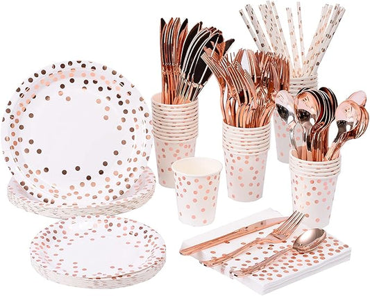 200Pcs Rose Gold Party Supplies - Rose Gold Dot on White Paper Plates and Napkins Cups Silverware Serves 25 Sets for Wedding Bridal Shower Engagement Birthday Parties.(Rose gold dot)