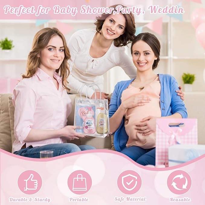 Okxiri 15 PCS Clear PVC Gift Bags with Handles,Small Reusable Plastic Party Favor Bags, Transparent Goodie Bags for Wedding,Baby Shower, Birthday (8.8" x 6.5" x 2.6")