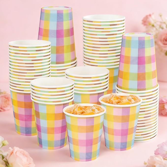 Whaline 50Pcs Easter Paper Cups Buffalo Plaid Disposable Cups Colorful Checkered Drinking Cup for Birthday Baby Shower Party Cold Hot Drinkware Tableware Decor, 9 Oz