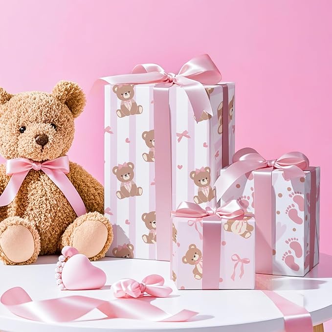 WRAPAHOLIC Bear Baby Shower Wrapping Paper - Mini Roll - 3 Rolls - 17 Inch x 120 Inch - Coquette Teddy Bear with Pink Ribbon Bow Wrapping Paper for Baby Shower, Girls Birthday