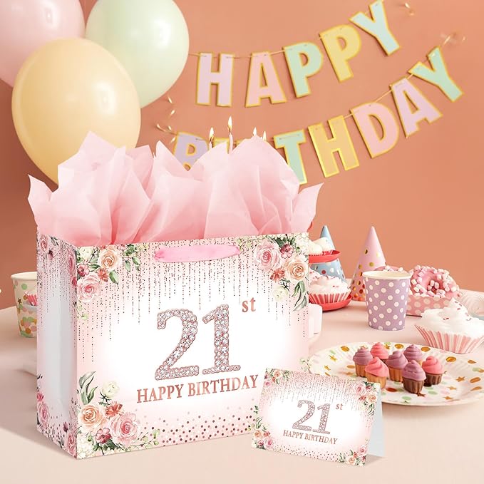Laidans Sweet 21st Happy Birthday Gift Bag with Tissue Paper and Card for Girls Kids Birthday Party (Rose Gold)