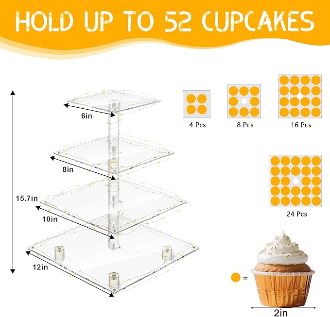 Cupcake Stand with Lights, 4 Tier Acrylic Cupcake Tower with Yellow LED String Lights, Clear Cupcake Display Stand for Wedding,Baby Shower, Birthday