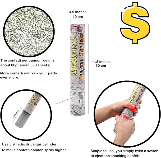 VICKYPOP Confetti Cannon Creative Small Size Dollar Bill Confetti Poppers Suitable for Business Signing, Opening Activities, Promotion and Salary Increase Celebration, Holiday or Birthday Party (Pack of 4)
