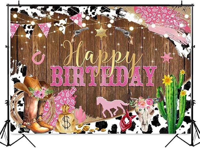 Mocsicka Western Backdrop - Cowgirl Happy Birthday Backdrop, Western Birthday Party Decorations, Pink for Grils Birthday Party Photography Background Supplies (Pink, 7x5ft (82x60 inch))