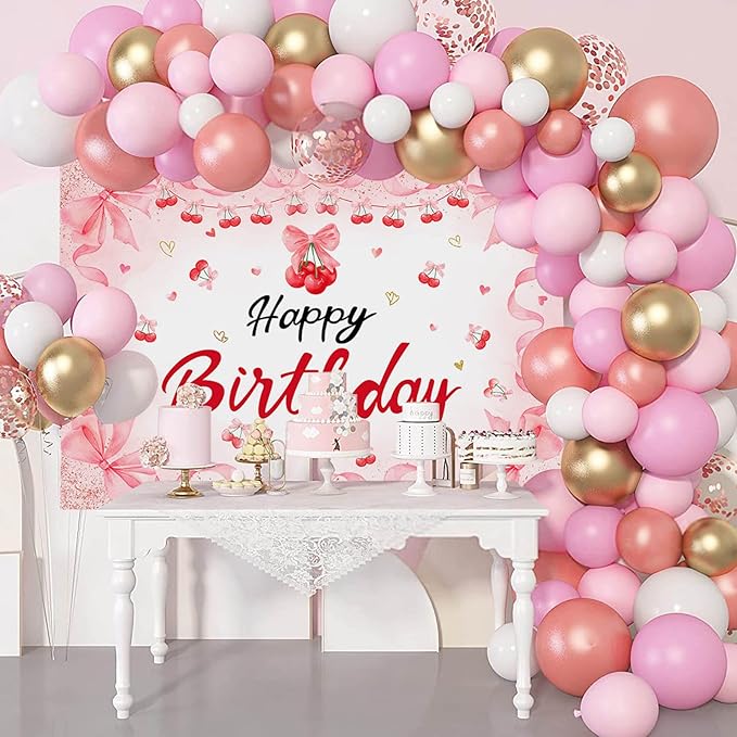 Mocsicka Cherry Happy Birthday Backdrop Cherry Theme Birthday Party Decorations Banner Red for Girls Cherries Fruit Theme Party Photography Backgorund Supplies (Pink, 10x7ft(120"x82"))