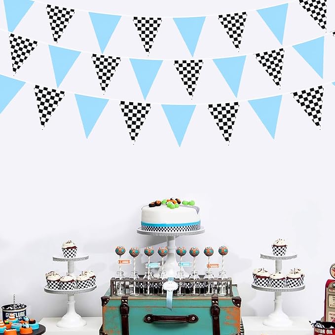 32Ft Racing Party Decorations Blue Black White Checkered Racing Car Fabric Banner Triangle Flag Pennant Garland Streamers for Boys Car Birthday Party Supplies Baby Shower NASCAR Picnic Outdoor Decor