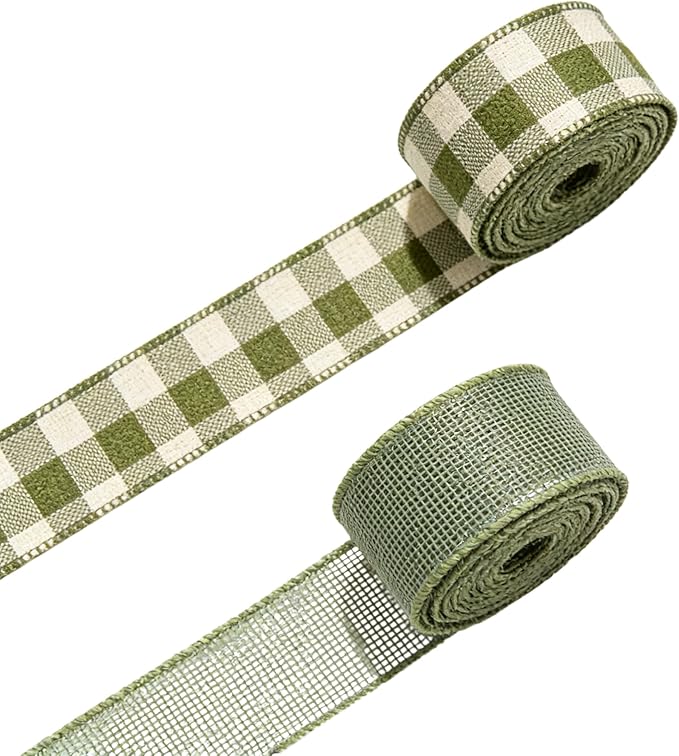 Meseey 1.5 Inch Green Burlap Wired Ribbon Set, 2 Rolls Total 10 Yards Solid Sage Green & Green White Buffalo Check Wired Edge Ribbons for Gift Wrapping, Wreaths, Crafts, Farmhouse Home Decorations