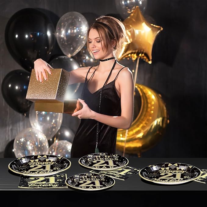 96 Pcs 21st Birthday Party Supplies 350 GSM Black and Gold Happy 21st Birthday Plates and Napkins Disposable Cheers to 21 Years Paper Tableware Set 21st Birthday Decorations for Him Men Serves 24