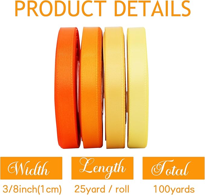 TONIFUL 3/8 Inch Terracotta Fall Satin Ribbon 4 Rolls 100 Yards Orange Brown Autumn Ribbon for Gift Wrapping Flower Bouquet Crafts,Thanksgiving Ribbon, Birthday, Wedding Decoration (25Yd/Roll)