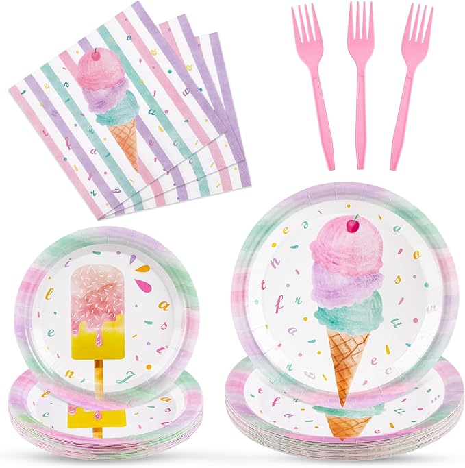 WERNNSAI Ice Cream Party Supplies - 96 PCS Ice Cream Plates Napkins and Forks Pink Popsicle Themed Party Tableware Decorations for Girls Birthday Pool Summer Baby Shower Serves 24 Guests