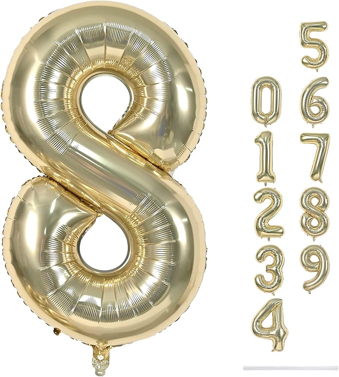 Champagne Gold 8 Balloons, 40" Giant Helium Foil Number 0-9 Light Gold Birthday Balloon for Boys Girls, Self Inflating Digit 8 Balloons for Women Men Anniversary Graduation Party Decorations Supplies