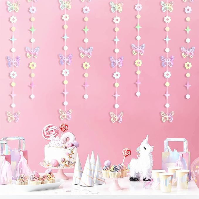 Iridescent Butterfly Girl-Birthday Party-Decorations Garland-Streamers - 52Ft Baby Shower Bachelorette Holographic Hanging Banner Decor,Engagement Garden Classroom Pastel Glitter Backdrop Huglony