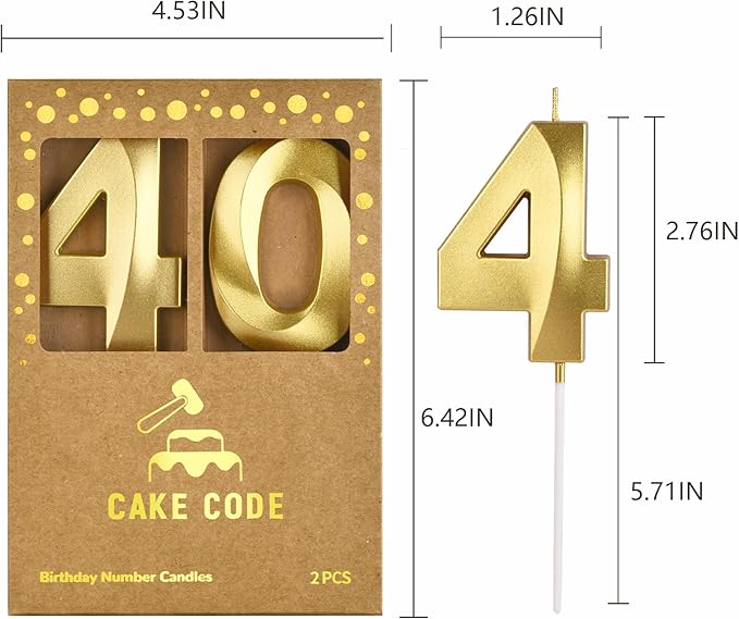 2.76 Inch Diamond Gold 40 Number Birthday Candles, Gold Number Candles, Cake Number Candles, Party Celebration