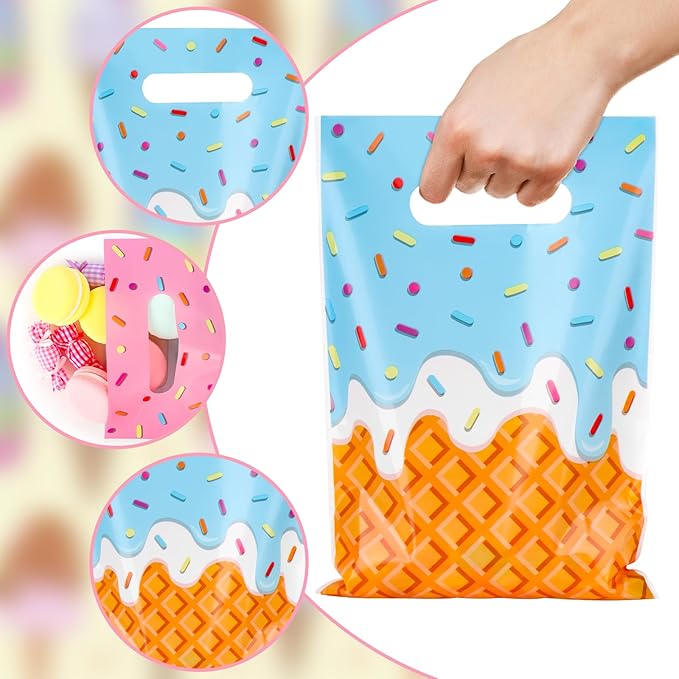 Hxezoc 50 Pieces Ice Cream Gift Bags Plastic Ice Cream Bags Practical Party Bag Party Favors for Cute Summer Theme Birthday Party Decoration Supplies