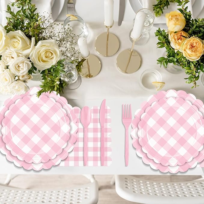175 Pcs Pink Scalloped Gingham Party Supplies for 25 Guests, Pink and White Checkered Paper Plates, Cups and Napkins Sets for Baby & Bridal Shower, Wedding, Birthday Party, Outdoor Picnic