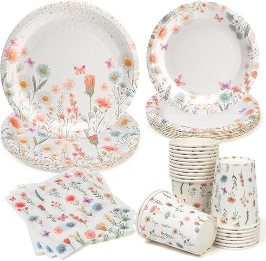 80pcs Floral Paper Plates - Wildflower Plates, Cups and Napkins for 20 Guests Spring Garden Picnic Wedding Tea Kids Birthday Party Supplies Decorations