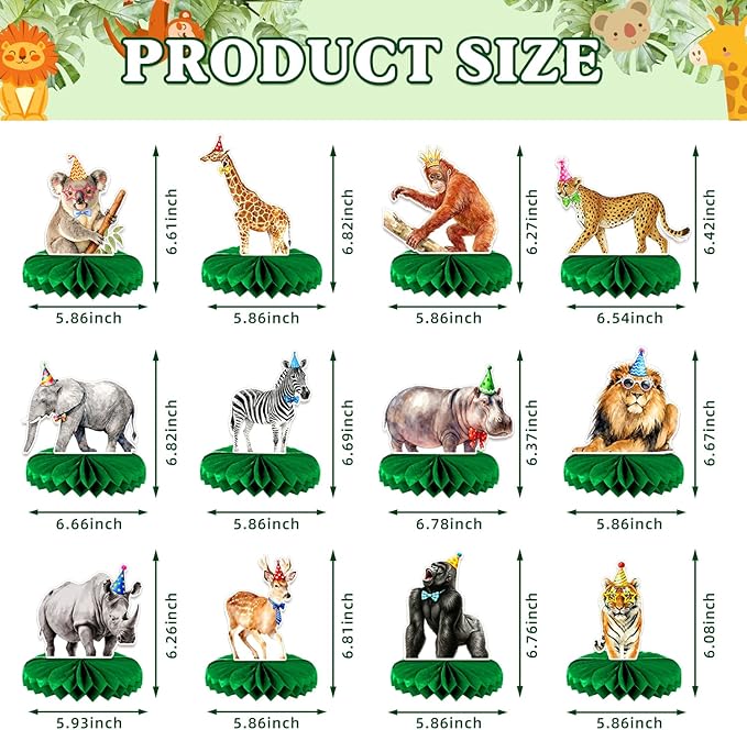 Safari Birthday Decorations 12-Pack | Animal Birthday Party Decorations Set with Honeycomb Centerpieces | Jungle Theme Party Supplies for Kids, Baby Shower, Wild One Celebration