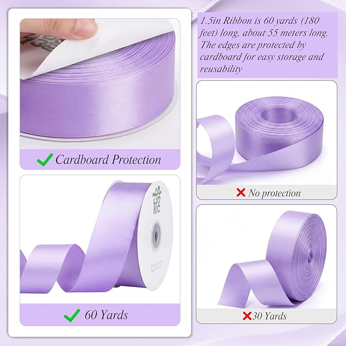 woric Light Purple Ribbon 1 1/2 Inch 50 Yards Solid Fabric Lavender Satin Ribbon for Mothers Day Flower Bouquet Gift Wrapping Wedding Party Vase Decorations