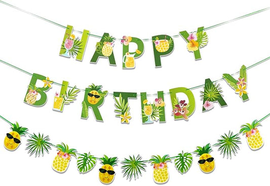 SUNBEAUTY Fruit Party Decorations Happy Birthday Pineapple Element Banner for Summer Tropical Hawaiian Aloha Parties - Colorful, Vibrant, Durable, Fun and Easy to Hang | Pre-Strung