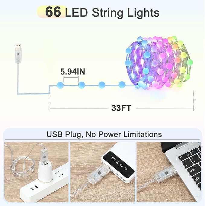 33ft Star String Lights, 66 LED RGB Color Changing String Fairy Lights, Smart APP & IR Remote Control, 200+ Scene Modes for Bedroom Backdrop Indoor Outdoor Christmas Decorations