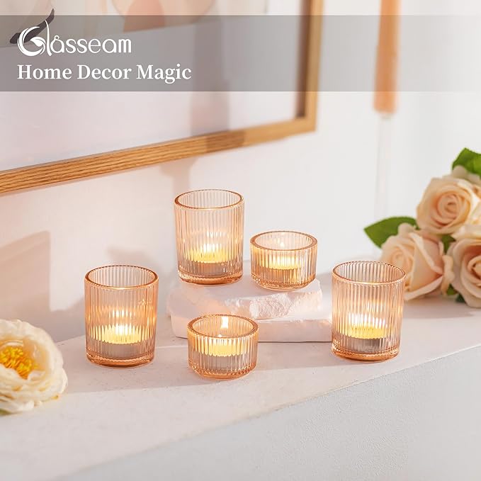 Glasseam Gold Votive Candle Holders: 24 Pcs Ribbed Glass Tealight Candle Holder Set Tea Light Holders Bulk Wedding Decorations for Reception Modern Party Decor Centerpiece