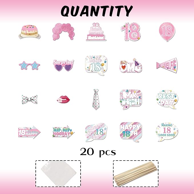 20 Pcs Girl 18th Birthday Photo Booth Props Kit, Pink Eighteen Birthday Party Selfie Decorations, Girl's 18th Bday Party Photography Supplies