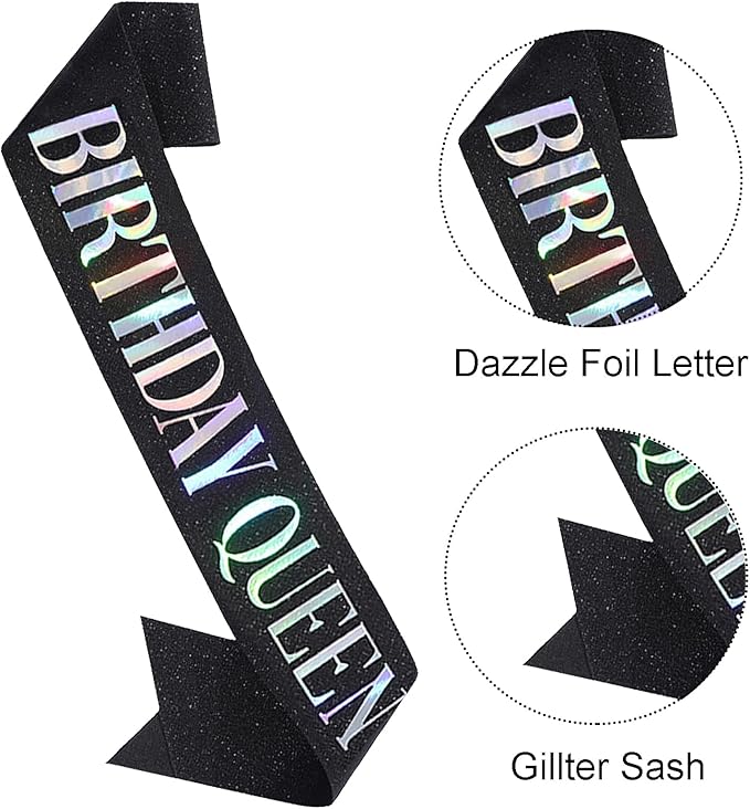 Birthday Queen Sash, Dazzle Foil Letter Glitter Black Birthday Sash for Women Girl 21st 30th 40th 50th 60th Funny Bday Gifts Party Favors Photo Prop