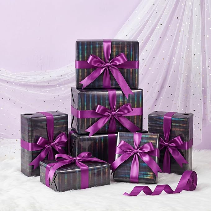 Bafeil Black Holographic Striped Wrapping Paper Roll with Ribbon, Metallic Iridescent Gift Wrap Paper for Birthdays, Mother’s Day, Graduations, Weddings, Father’s Day, Teachers’ Day