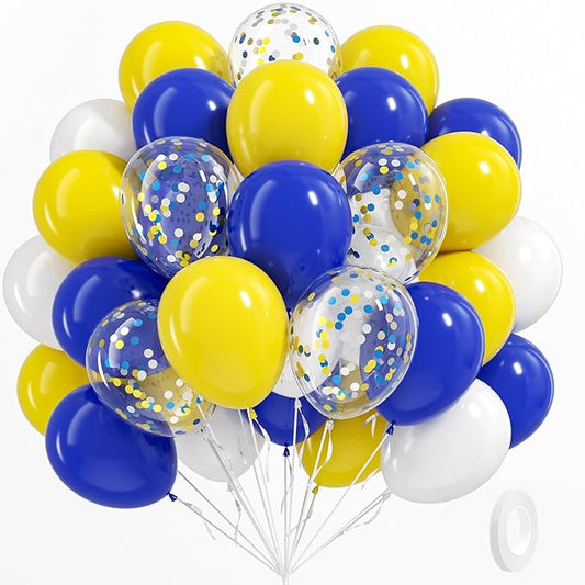 BAUANOOY Blue and Yellow Balloons, 60pcs 12 Inch Royal Blue Yellow White Balloon with Confetti Balloons for Wedding Graduation Baby Shower Birthday Party Decorations
