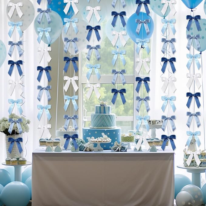 Taobary 8 Pcs 6.6 ft Bow Garland, Satin Ribbon Bow Banner Coquette Hanging Ornament for Photo Backdrop Birthday Party Wedding Bridal Baby Shower Wall Decorations(Blue,1 Inch)