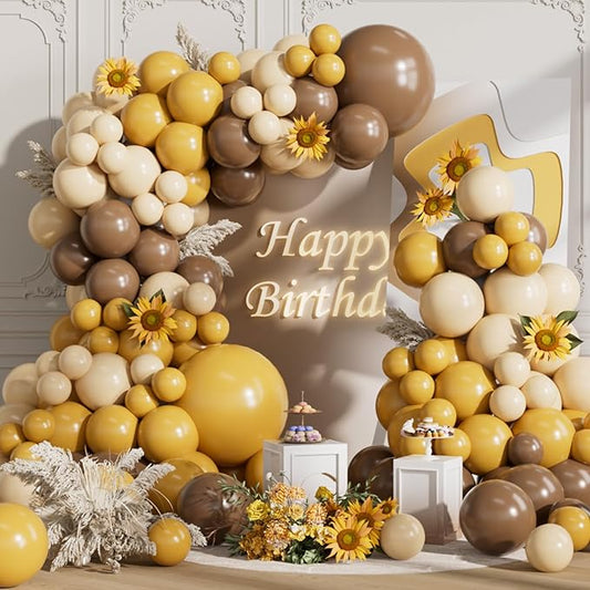 Mustard Yellow Balloons Arch Kit 155Pcs Different Sizes of 18 10 5 Inch Mustard Yellow Sand White Brown Latex Balloon Garland for Birthday Anniversary Sunflower Bee Party Decorations
