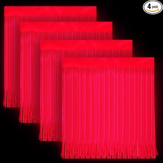 4 Pack Glow in The Dark Curtains Party Supplies 6.6 x 3.3 Ft Glow Tinsel Foil Fringe Curtains Red Photo Booth Prop Backdrop Streamer for Birthday Holiday Neon Party Decoration