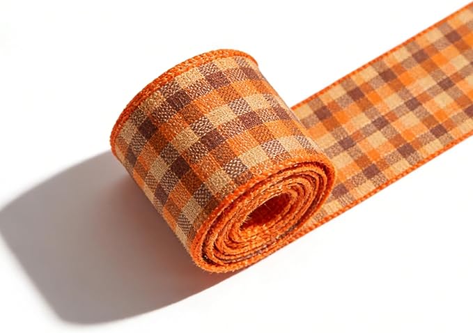 Meseey1.5 Inch x 10 Yards Orange Brown Beige Buffalo Check Wired Ribbon, Fall Burlap Wired Edge Ribbon for Wreaths, Bows, Gift Wrapping, Thanksgiving & Halloween Decor