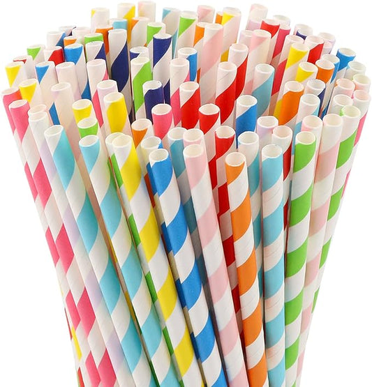 100 Pcs Biodegradable Paper Straws, Assorted Rainbow Colors Striped, 10 Colors for Drinks, Parties, Crafts