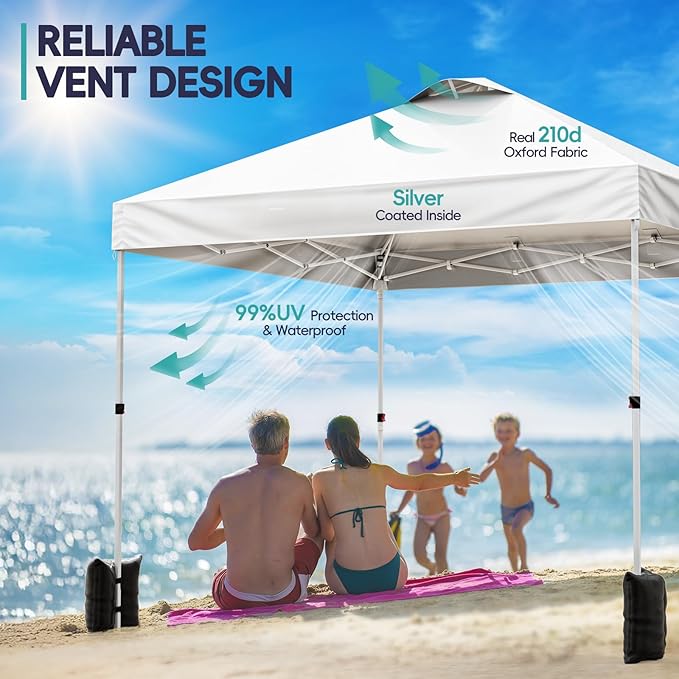 SPECILITE Canopy 10x10 Pop Up, Easy Up Outdoor Tent with Sidewall, PF 50+, Waterproof, Adjustable Sun Shelter with Vented Roof for Party, 1 Wheel Bag, 8 Stakes, 4 Ropes, 4 Sandbags,White