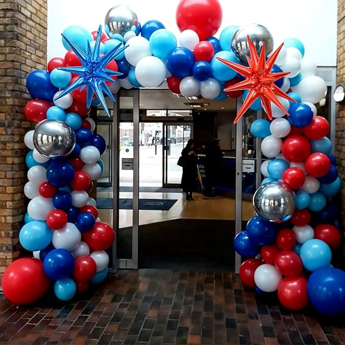 Red Blue Silver Balloon Arch Garland Kit, Memorial Day Patriotic 250th Anniversary USA Balloons 4D Ball Explosion Star Balloon for Independence Day Graduation 4th of July Baseball Birthday Party Decor