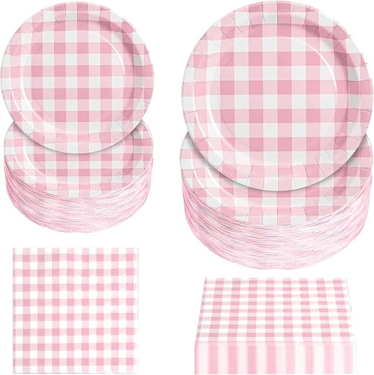 180Pcs Pink Gingham Party Supplies Paper Plates and Napkins Serve 60 Disposable Tableware Set for Birthday Party Decorations Game Day Family Holiday Sports Events