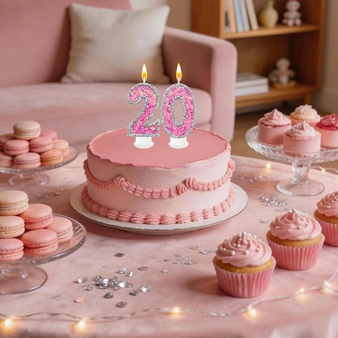 Number 2 Birthday Candle for Cake – Silver Glitter Edge with Pink Star Confetti – Decorative Number Cake Topper for Anniversary & Celebration Party Decor