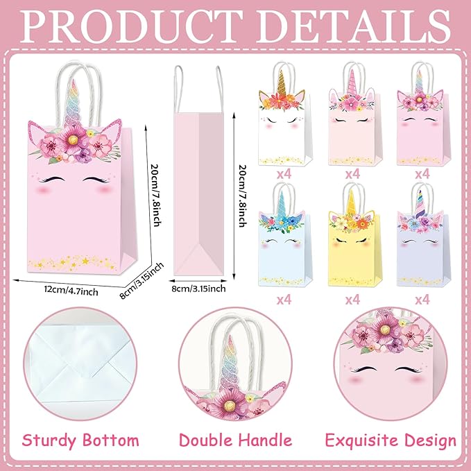 ZOIIWA 24Pcs Unicorn Party Favor Bags Rainbow Themed Treat Bags Pastel Unicorn Candy Goodie Bag Princess Paper Gift Bag with Handle Decorations for Birthday Baby Shower Wedding Party Decor Supplies