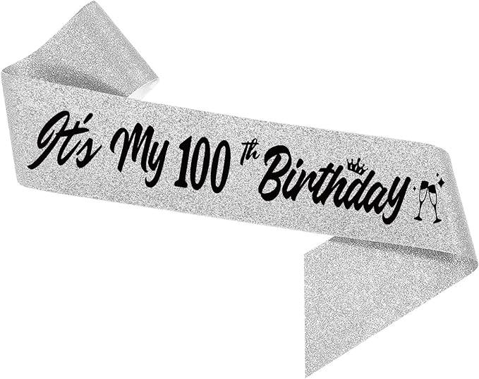 It's My 100th Birthday Sliver Sash - Sparkling Happy 100th Satin Sash for Women -100 Years Old Birthday Party Decorations