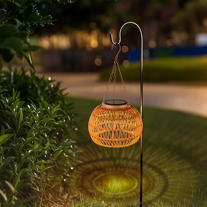 Hanging Solar Outdoor Lanterns Waterproof, Rattan Lights Hanging for Outside, Chandelier Solar Outdoor Idea for Gazebo Pergola Porch Patio Yard Garden Pathway Decor, 2 Pack