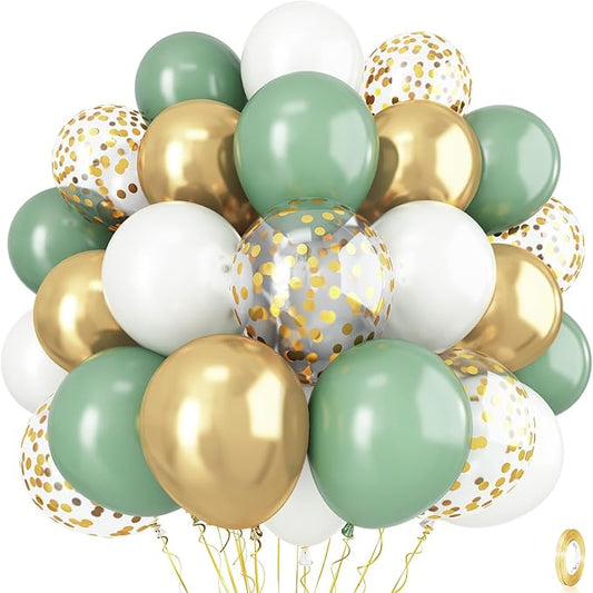 Dusty Sage Green and Gold Balloons, 12 Inch Retro Olive Green White Gold Latex Muted Balloon Set for Girls Birthday Wedding Jungle Baby Bridal Shower Camp Bachelorette House Warming Party Decorations