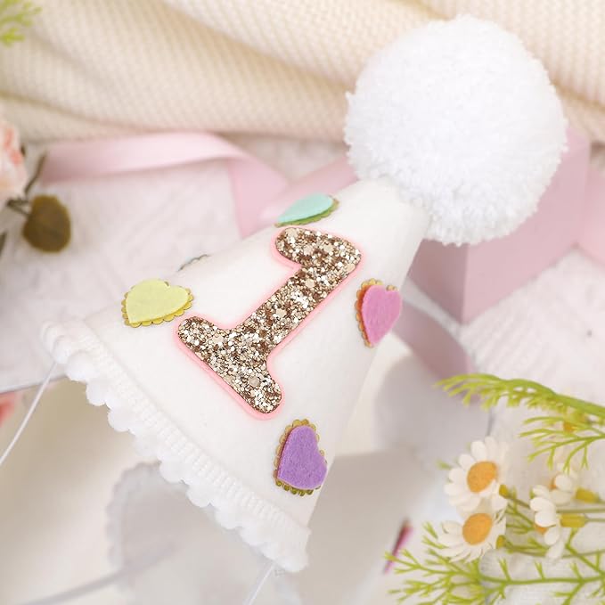 Sweet One Birthday Cone Hat - Colorful Heart 1st Party Decorations, Candy Hearts Party Crown, Cake Smash Photo Prop.